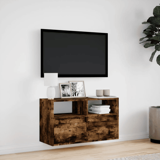 Móvel de parede p TV - Armário de TV c luzes LED 80x31x45 cm carvalho fumado