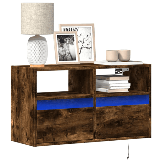Móvel de parede p TV - Armário de TV c luzes LED 80x31x45 cm carvalho fumado