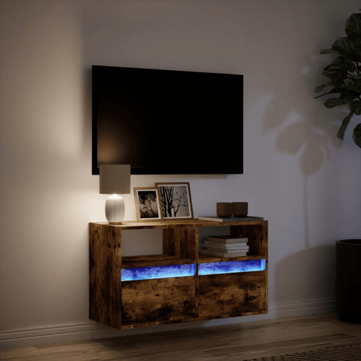 Móvel de parede p TV - Armário de TV c luzes LED 80x31x45 cm carvalho fumado