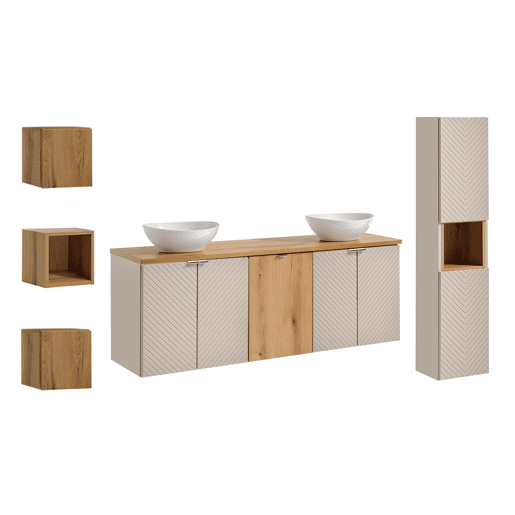 Conjunto móvel toucador duplo 160 cm com 4 portas coluna e 3 armários parede Manoa Caxemira Madeira