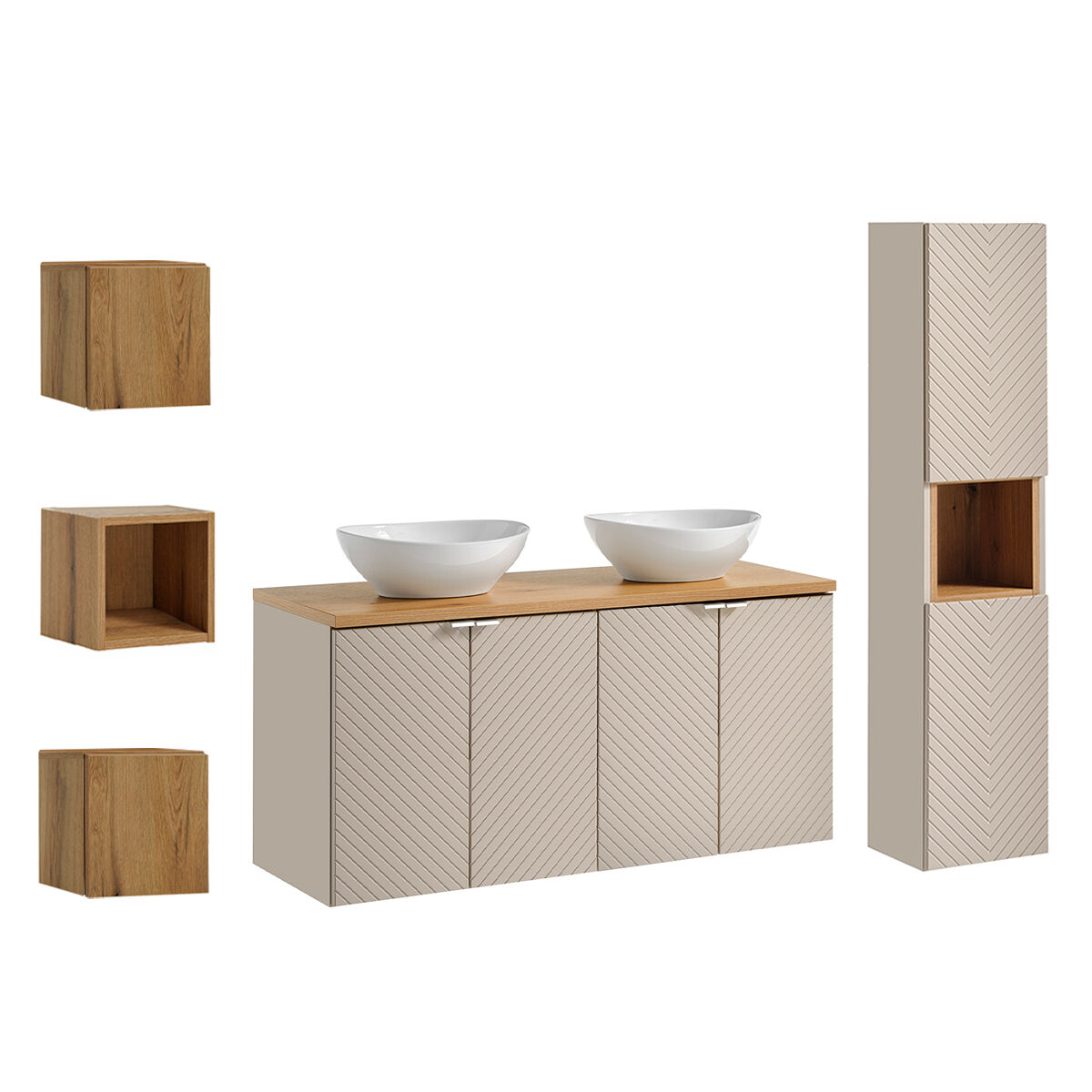 Conjunto mueble lavabo doble 120cm 4 puertas columna y 3 armarios de pared manoa cachemira y madera