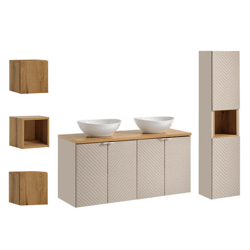 Conjunto móvel de lavatório duplo 120cm 4 portas coluna e 3 armários de parede Manoa Caxemira e Madeira