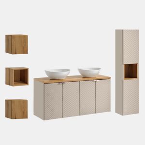 Conjunto móvel de lavatório duplo 120cm 4 portas coluna e 3 armários de parede Manoa Caxemira e Madeira