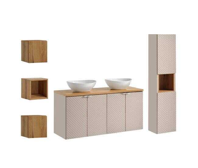 Conjunto mueble lavabo doble 120cm 4 puertas columna y 3 armarios de pared manoa cachemira y madera