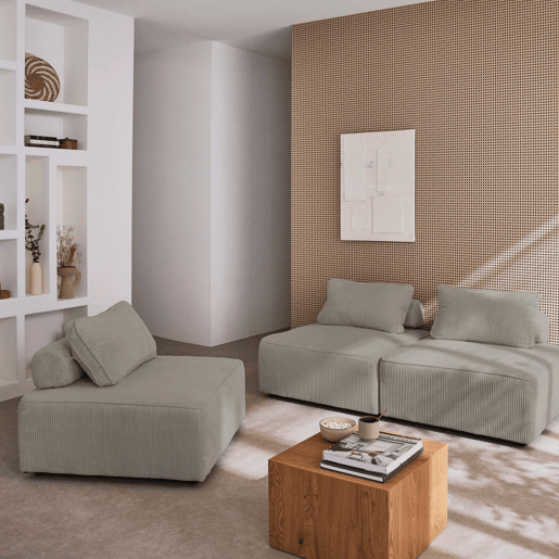 Cadeira para sofá modular de veludo de cotelê fino (lote de 3), Lao, Cinza claro, 90x90x40 cm