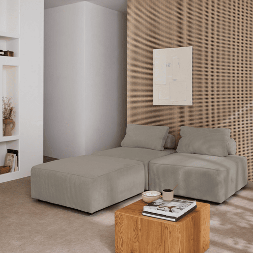 Cadeira para sofá modular de veludo de cotelê fino (lote de 3), Lao, Cinza claro, 90x90x40 cm