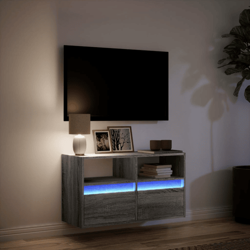 Móvel de parede p TV - Armário de TV c luzes LED 80x31x45 cm cinzento sonoma