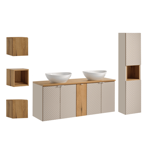 Conjunto móvel de toucador duplo 140cm 5 portas coluna e 3 armários de parede Manoa Caxemira e Madeira