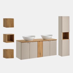 Conjunto móvel de toucador duplo 140cm 5 portas coluna e 3 armários de parede Manoa Caxemira e Madeira