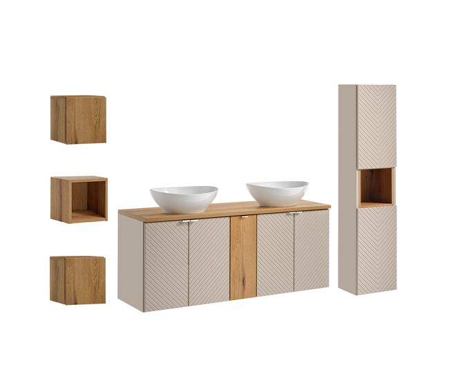 Conjunto mueble doble lavabo 140cm 5 puertas columna y 3 armarios de pared manoa cachemira y madera