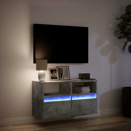 Móvel de parede p TV - Armário de TV c luzes LED 80x31x45 cm cinzento cimento