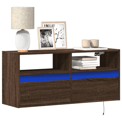 Móvel de parede p TV - Armário de TV luzes LED 100x31x45 cm carvalho castanho