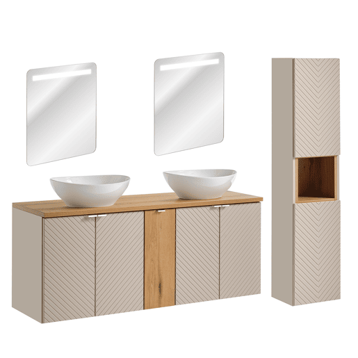 Conjunto móvel de toucador duplo 140cm 5 portas espelhados LED e coluna Manoa Caxemira e Madeira