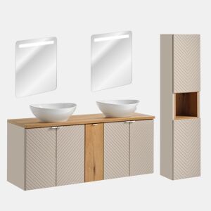 Conjunto móvel de toucador duplo 140cm 5 portas espelhados LED e coluna Manoa Caxemira e Madeira