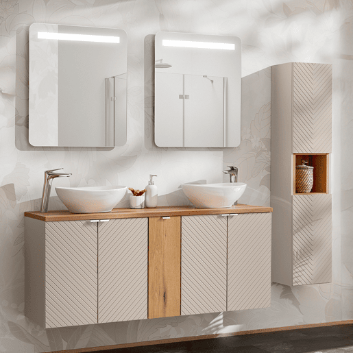 Conjunto móvel de toucador duplo 140cm 5 portas espelhados LED e coluna Manoa Caxemira e Madeira