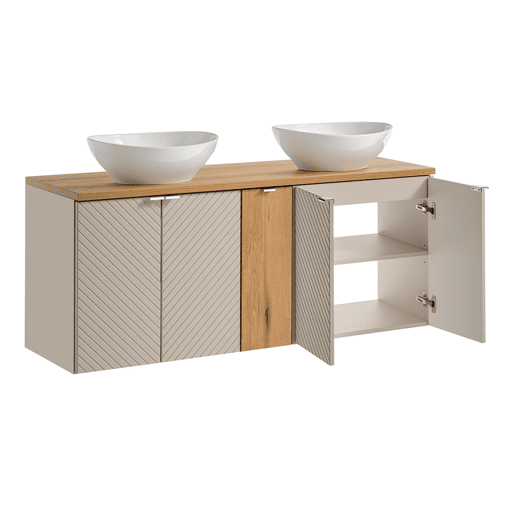 Conjunto móvel de toucador duplo 140cm 5 portas espelhados LED e coluna Manoa Caxemira e Madeira
