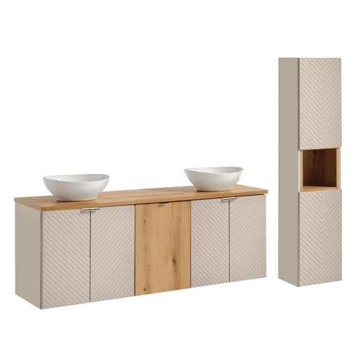 Conjunto móvel de lavatório duplo 160cm 4 portas cesto de roupa suja e coluna Manoa Caxemira e Madeira