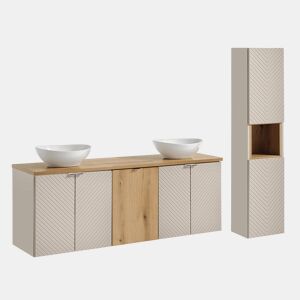 Conjunto móvel de lavatório duplo 160cm 4 portas cesto de roupa suja e coluna Manoa Caxemira e Madeira