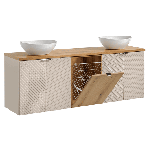 Conjunto móvel de lavatório duplo 160cm 4 portas cesto de roupa suja e coluna Manoa Caxemira e Madeira