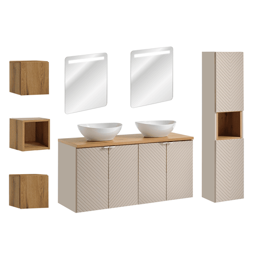 Conjunto móvel de lavatório duplo 120cm 4 portas espelhados LED coluna e 3 armários de parede Manoa Caxemira e Madeira