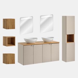 Conjunto móvel de lavatório duplo 120cm 4 portas espelhados LED coluna e 3 armários de parede Manoa Caxemira e Madeira