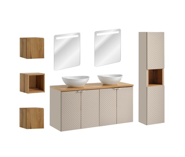 Conjunto mueble lavabo doble 120cm 4 puertas espejos led columna y 3 armarios de pared manoa cachemira y madera