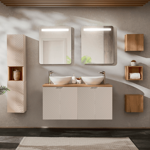 Conjunto móvel de lavatório duplo 120cm 4 portas espelhados LED coluna e 3 armários de parede Manoa Caxemira e Madeira