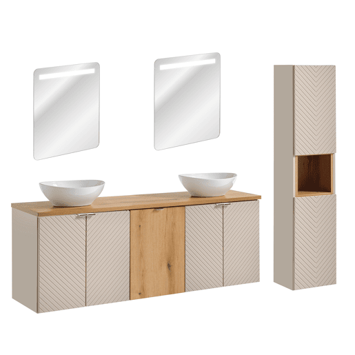 Conjunto móvel de lavatório duplo 160cm 4 portas cesto de roupa suja espelhados LED e coluna Manoa Caxemira e Madeira