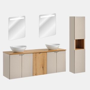 Conjunto móvel de lavatório duplo 160cm 4 portas cesto de roupa suja espelhados LED e coluna Manoa Caxemira e Madeira