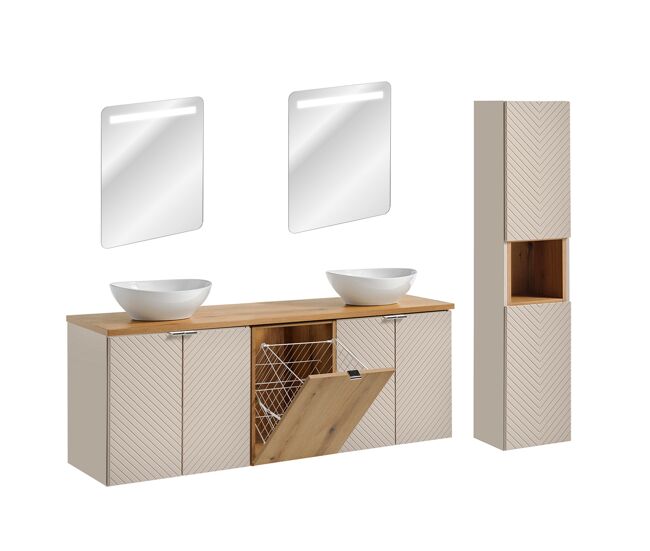 Conjunto mueble lavabo doble 160cm 4 puertas cesto de ropa espejos led y columna manoa cachemira y madera