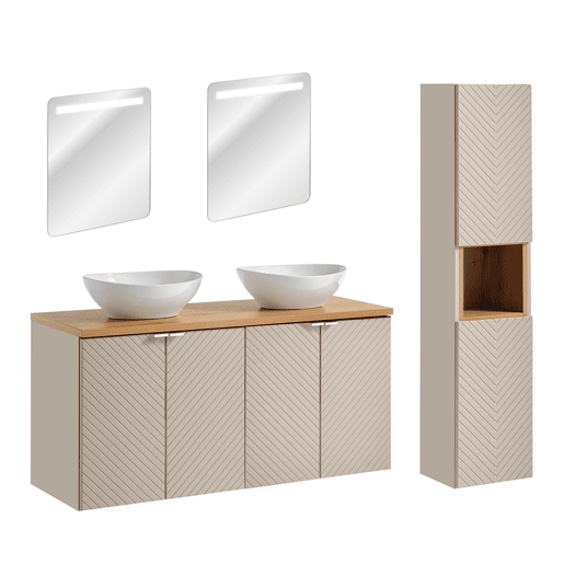 Conjunto móvel de lavatório duplo 120cm 4 portas espelhados LED e coluna Manoa Caxemira e Madeira