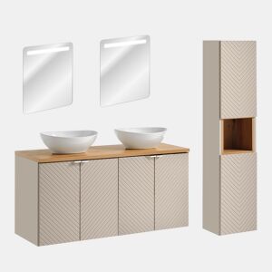 Conjunto móvel de lavatório duplo 120cm 4 portas espelhados LED e coluna Manoa Caxemira e Madeira
