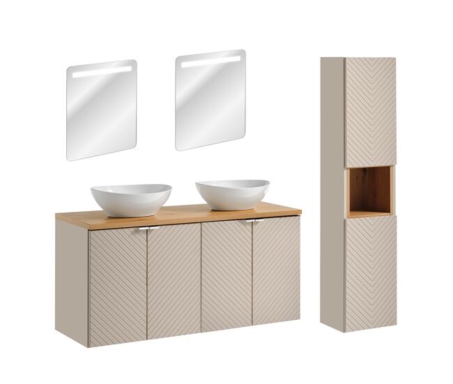 Conjunto mueble doble lavabo 120cm 4 puertas espejos led y columna manoa cachemira y madera