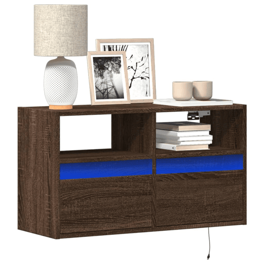 Móvel de parede p TV - Armário de TV c luzes LED 80x31x45cm carvalho castanho