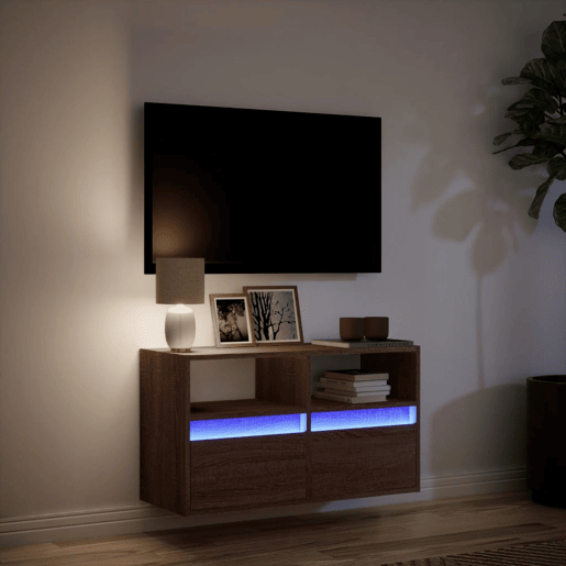 Móvel de parede p TV - Armário de TV c luzes LED 80x31x45cm carvalho castanho