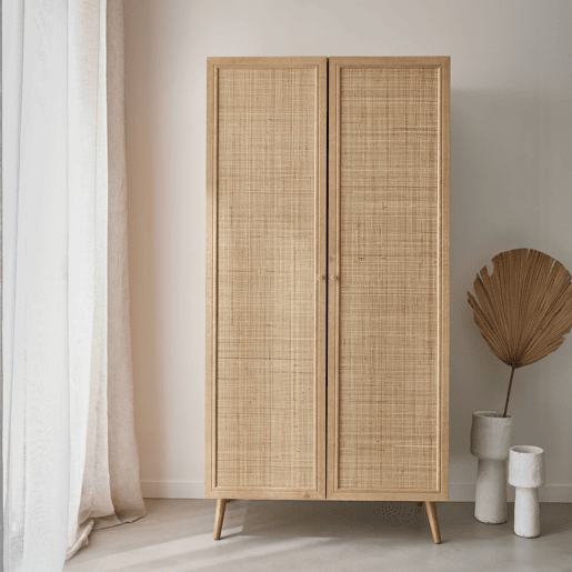 Roupeiro de 2 portas em cana e efeito madeira, Boheme, Natural, 90x59x179.5 cm