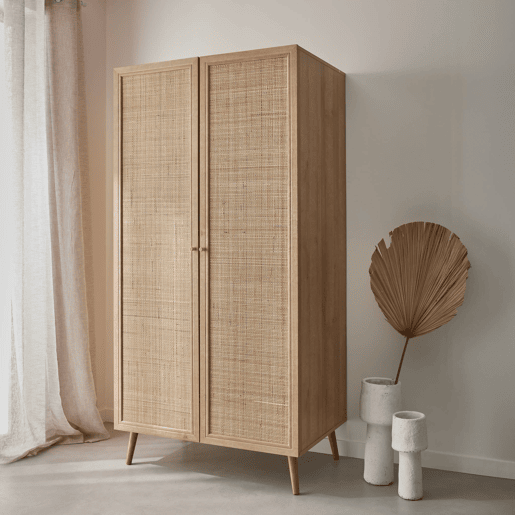 Roupeiro de 2 portas em cana e efeito madeira, Boheme, Natural, 90x59x179.5 cm