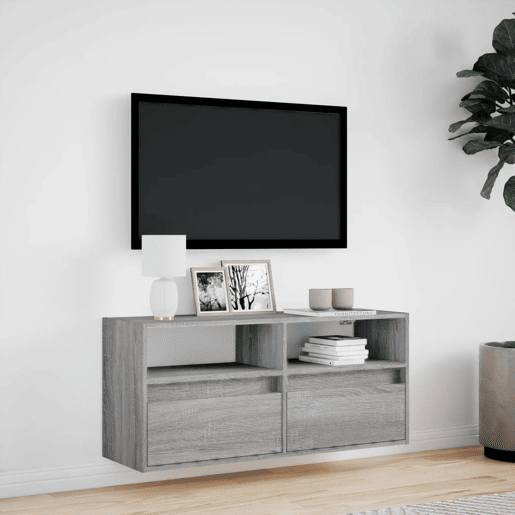 Móvel de parede p TV - Armário de TV c luzes LED 100x31x45 cm cinzento sonoma