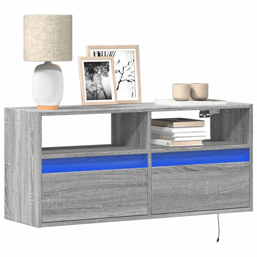 Móvel de parede p TV - Armário de TV c luzes LED 100x31x45 cm cinzento sonoma