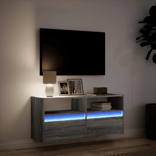 Móvel de parede p TV - Armário de TV c luzes LED 100x31x45 cm cinzento sonoma