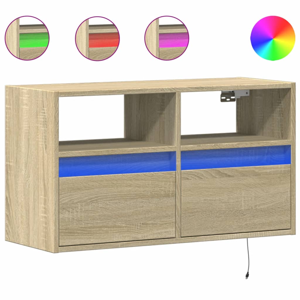 mueble tv - mesa de tv de pared con luces led roble sonoma 80x31x45 cm