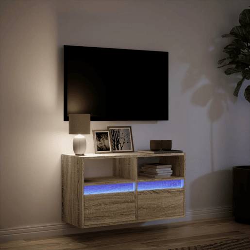 Móvel de parede p TV - Armário de TV c luzes LED 80x31x45 cm carvalho sonoma