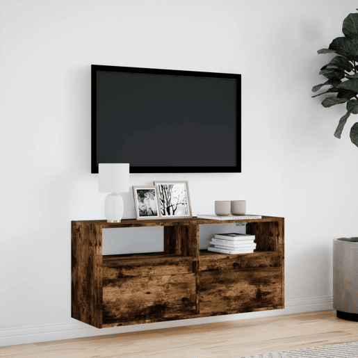 Móvel de parede p TV - Armário de TV c luzes LED 100x31x45 cm carvalho fumado