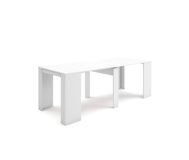 Mesa consola extensible, mesa comedor plegable, 222x90x77cm, para 10 comensales, comedor y cocina, blanco