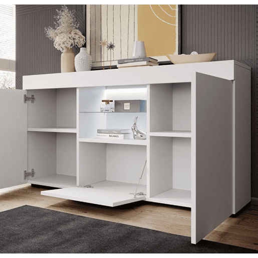 Aparador Sala de estar e jantar Branco 135x34x72 3 portas LED Sefora Muebles Bonitos