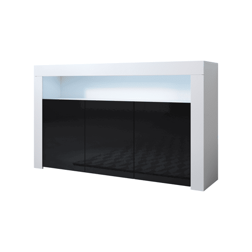 Aparador Sala de estar e jantar BrancoPreto 155x37x91,5 3 portas LED Aker Muebles Bonitos
