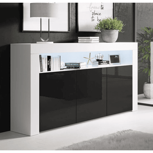 Aparador Sala de estar e jantar BrancoPreto 155x37x91,5 3 portas LED Aker Muebles Bonitos