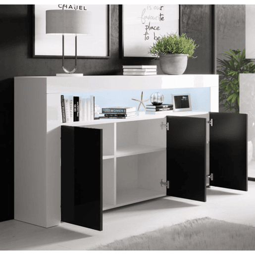Aparador Sala de estar e jantar BrancoPreto 155x37x91,5 3 portas LED Aker Muebles Bonitos
