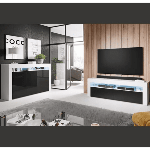 Aparador Sala de estar e jantar BrancoPreto 155x37x91,5 3 portas LED Aker Muebles Bonitos