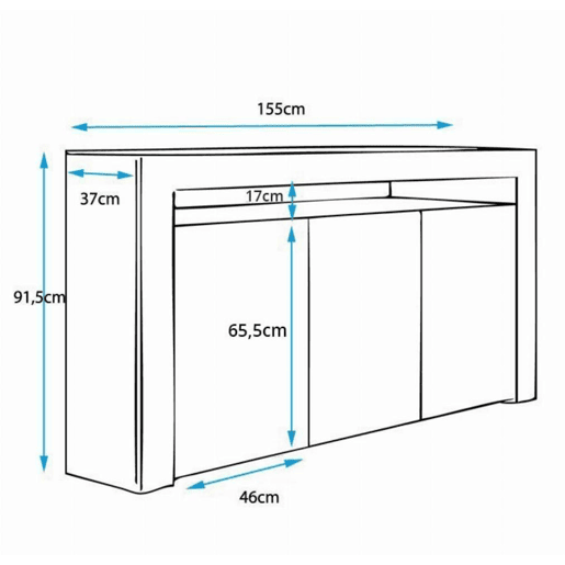 Aparador Sala de estar e jantar BrancoPreto 155x37x91,5 3 portas LED Aker Muebles Bonitos